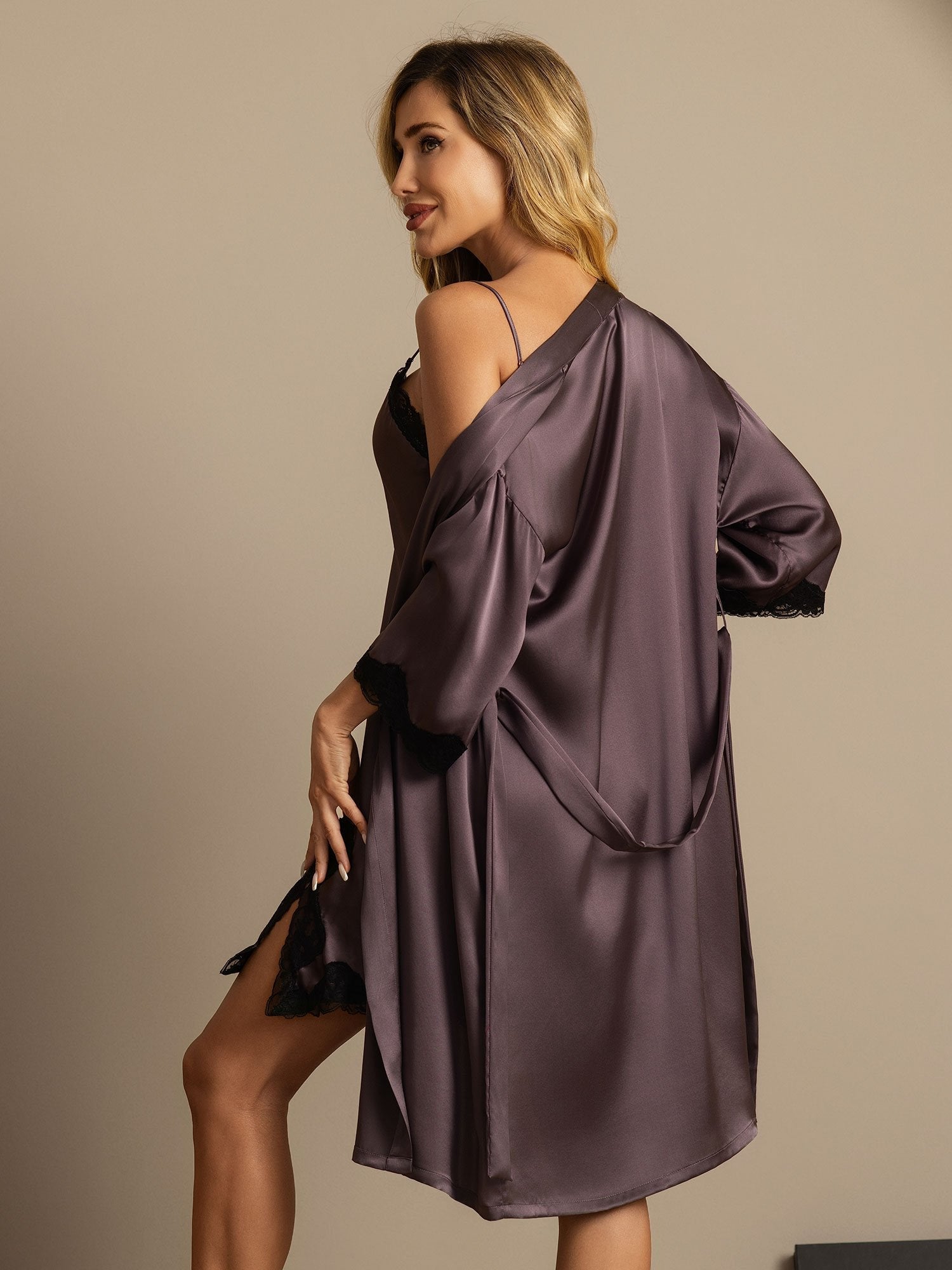 [PurpleGray] SilkSilky-CA Pure Silk Split Nightgown&Robe Set 002