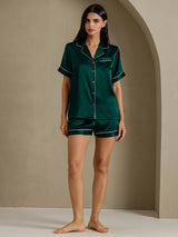 [Dark Green] SilkSilky-CA Short Sleeve Lapel Collar Women's Pajamas 007
