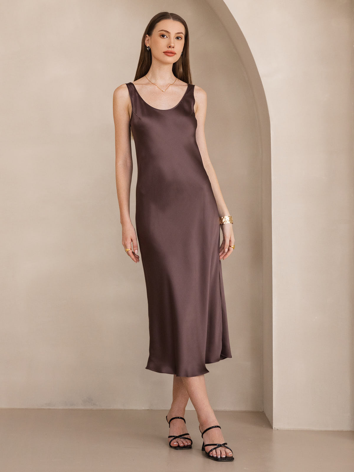 [Coffee] SilkSilky-CA Pure Silk Boat Neck Dress 001