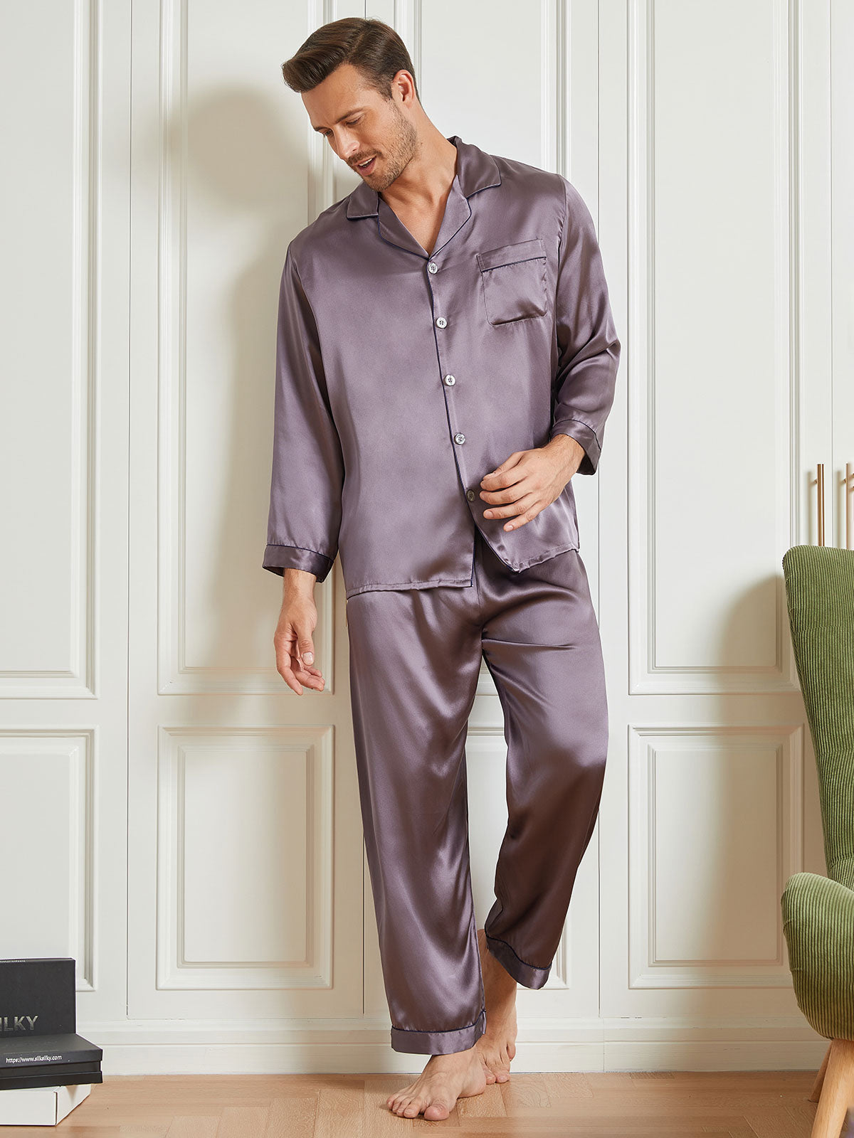 SilkSilky CA 19Momme Pure Silk Long Sleeve Lapel Men's Pajamas Gray 004