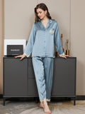 SilkSilky CA Pure Silk Long Sleeve Lapel Women's Pajamas SteelBlue 004