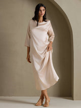 [Beige] SilkSilky-CA 3/4 Sleeve Round Neck Dress 005