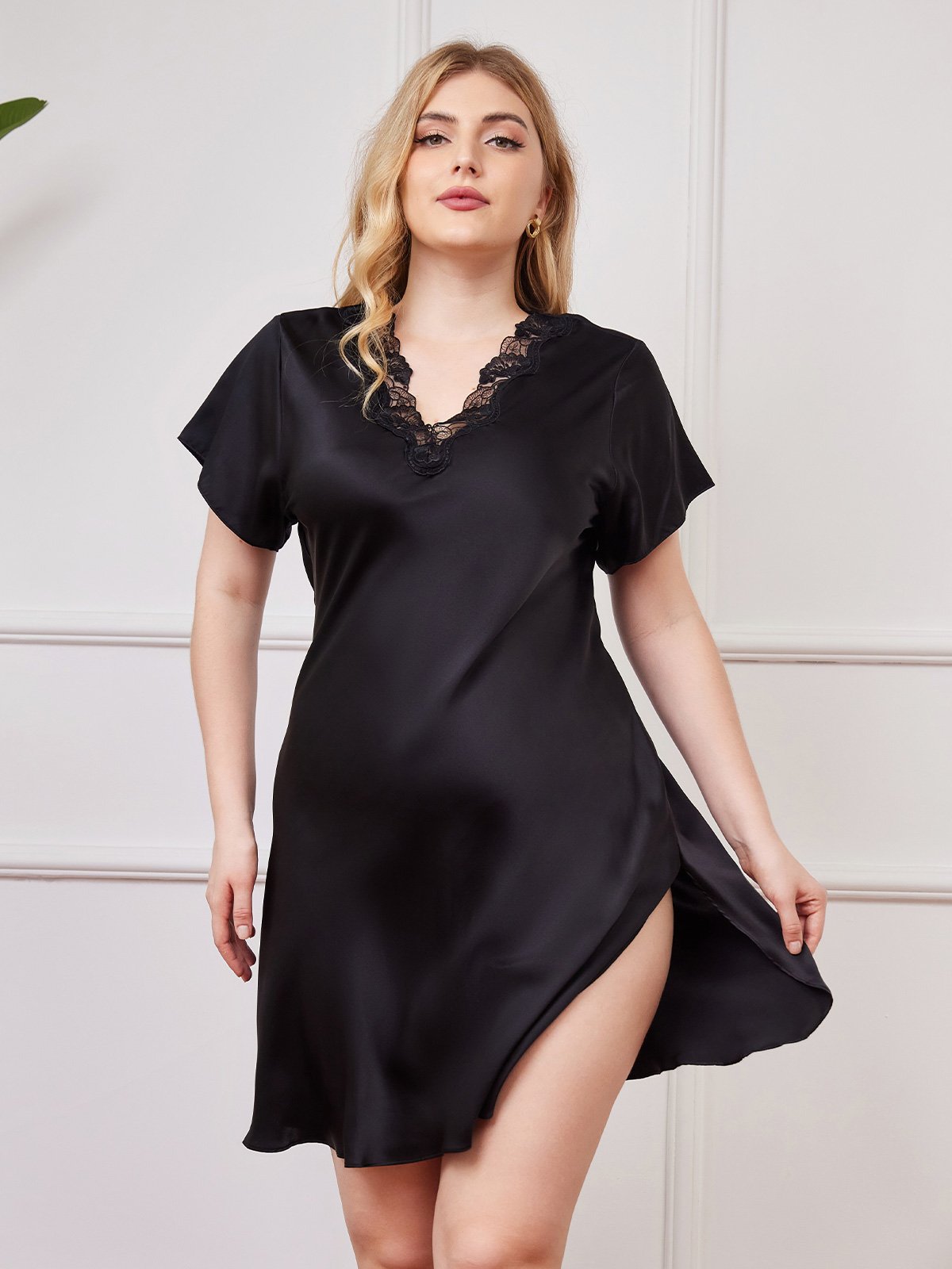 SilkSilky CA Pure Silk Short Sleeve V Neck Plus Size Nightgown Black 001