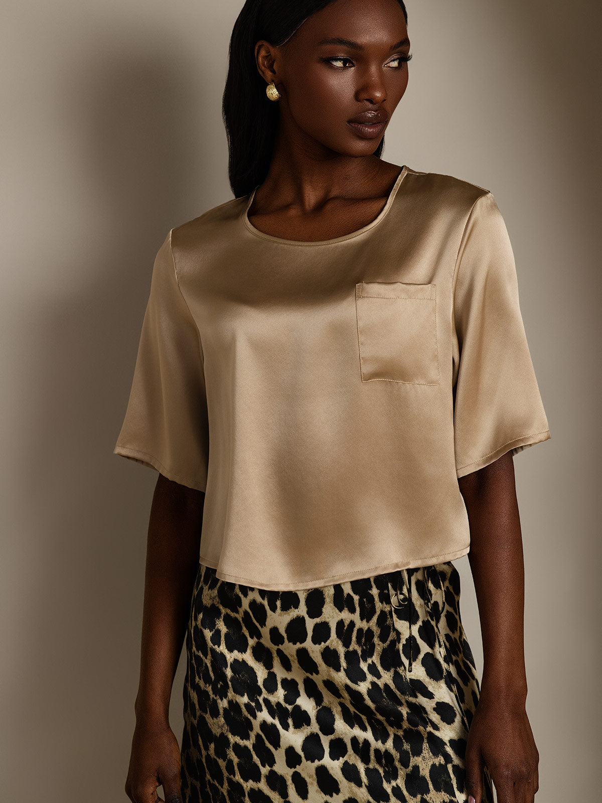 [Champagne] SilkSilky-CA Pure Silk Boat Neck Women's T-Shirt 004