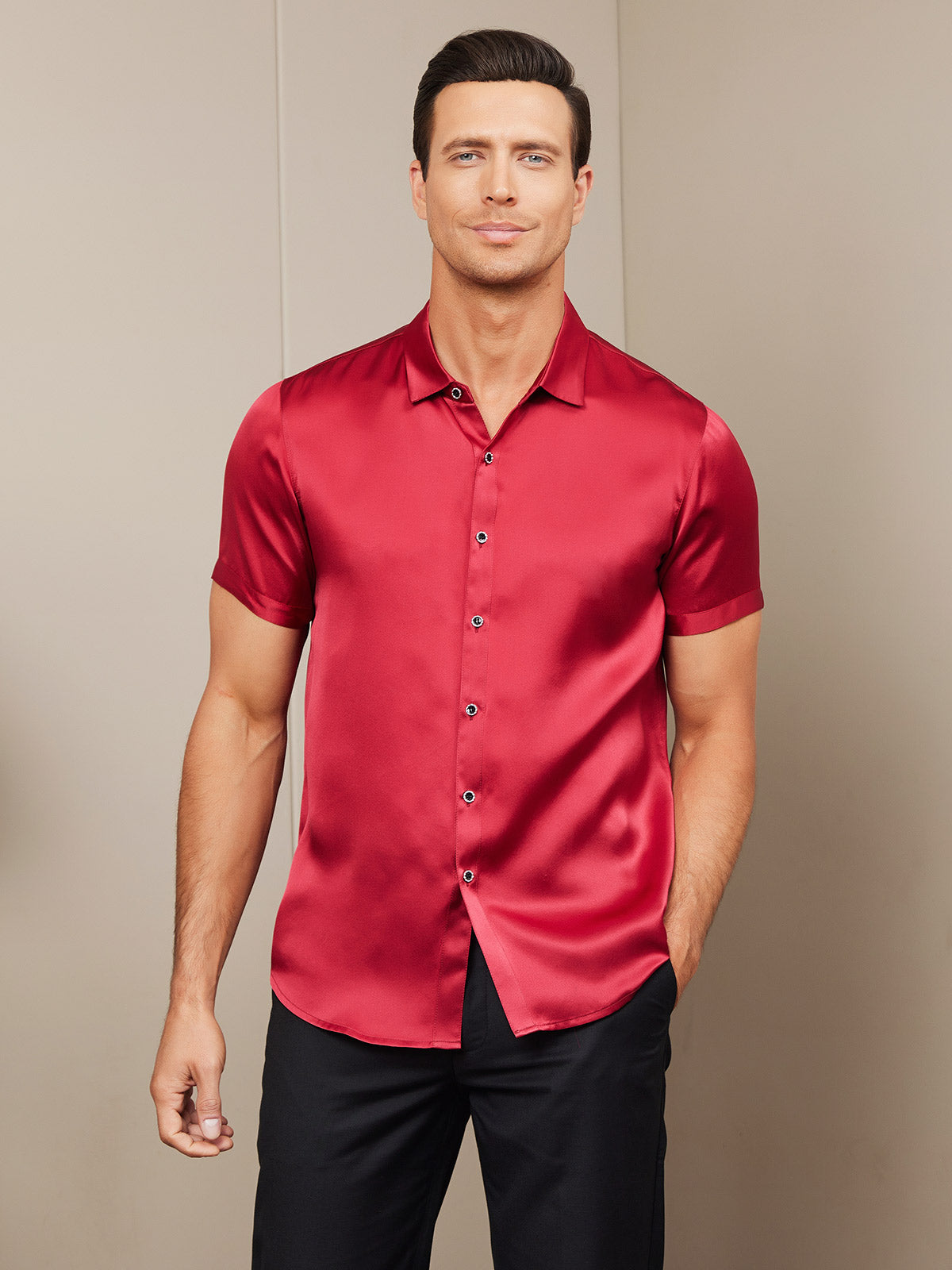 SilkSilky CA Silk Short Sleeve Collar Men's Shirt Red 003