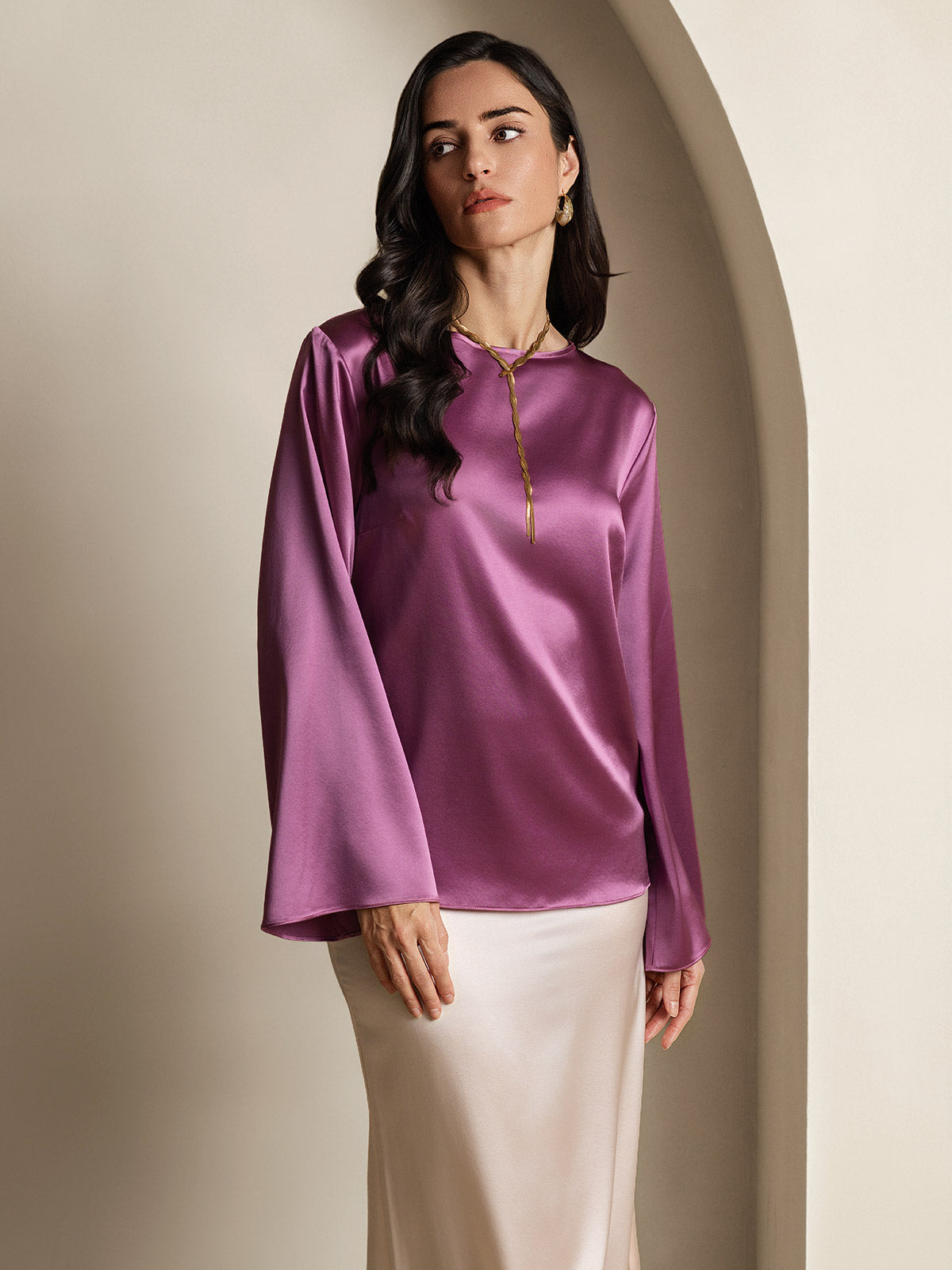 [Deep Purple] SilkSilky-CA 19Momme Silk Round Neck Women's T-Shirt 005