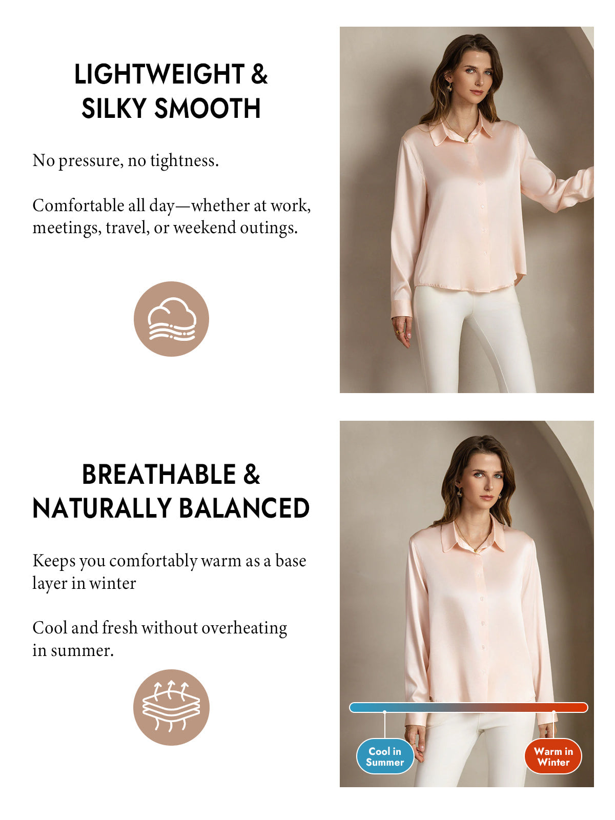 [Light Pink] SilkSilky-CA Silk Long Sleeve Lapel Collar Women's Shirt 004