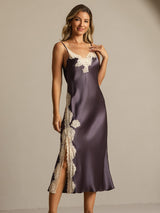 [Purple Gray] SilkSilky-CA Spaghetti Strap V Neck Nightgown 007