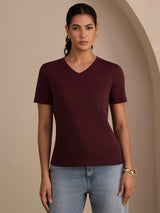 [Wine] SilkSilky-CA Short Sleeve V Neck Women's T-Shirt 003