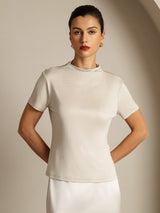 [Gray] SilkSilky-CA 100% Silk Jersey Short Sleeve Mock Neck Women's T-Shirt 001