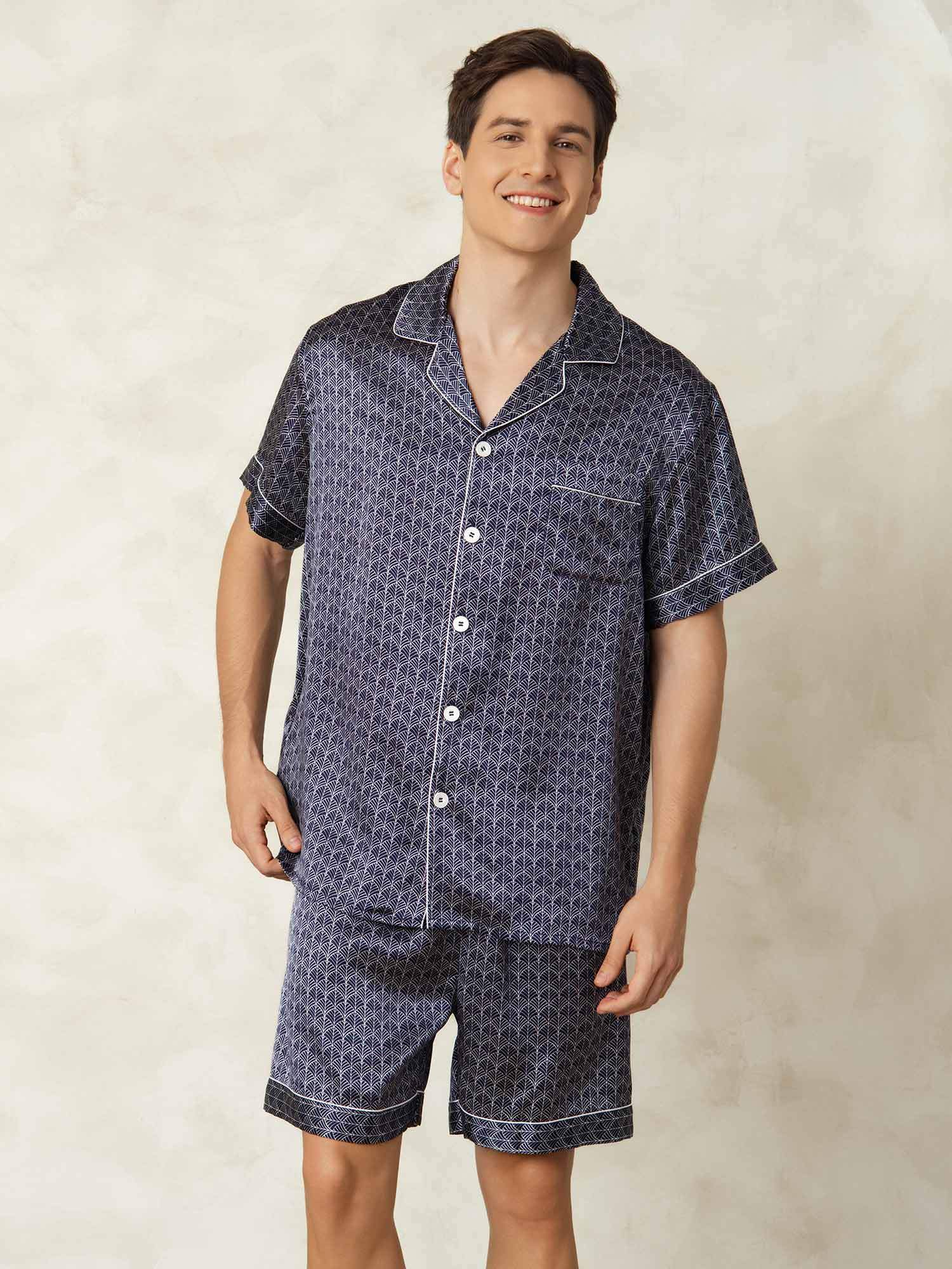 [NavyGinkgo] SilkSilky-CA Pure Silk Lapel Collar Men's Pajamas 005