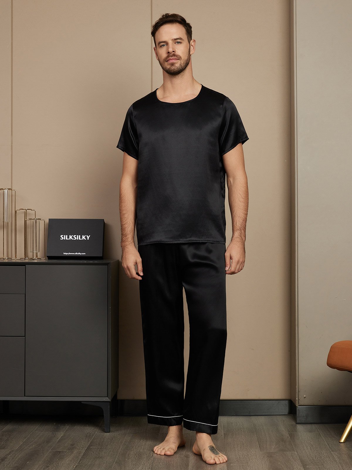 SilkSilky CA Pure Silk Short Sleeve Round Neck Men's Pajamas Black 003