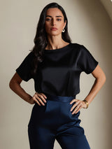 [Black] SilkSilky-CA Short Sleeve Boat Neck Women's T-Shirt 003
