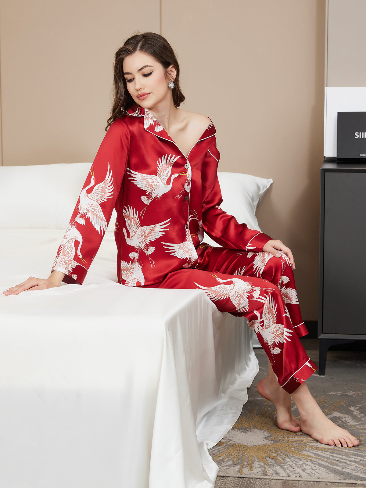 [Dark Red] SilkSilky-CA 19Momme Long Sleeve Notch Collar Women's Pajamas 007