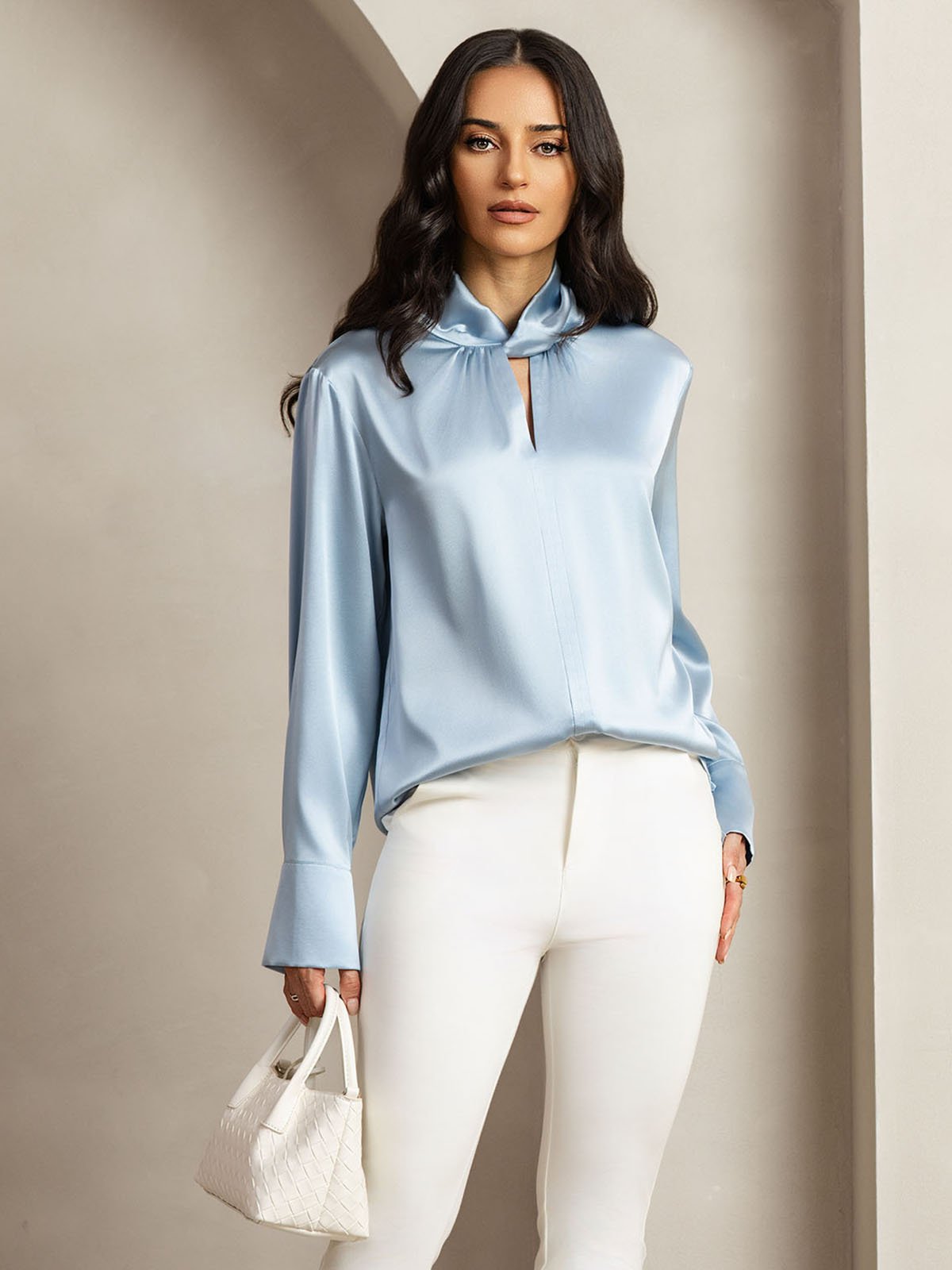 [GrayishBlue] SilkSilky-CA 19Momme Silk Keyhole Neck Women's Shirt 001