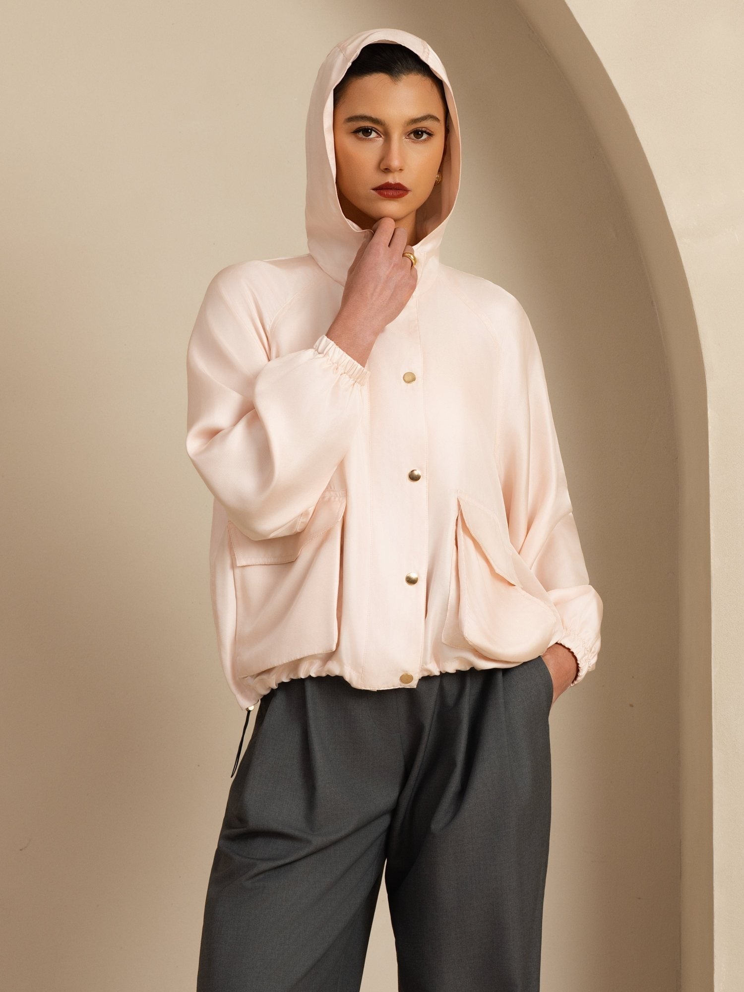 [Pink] SilkSilky-CA Silk Satin Surah Long Sleeve High Neck Women's Outerwear 005