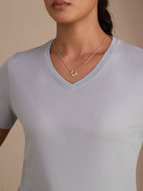 [Grayish Blue] SilkSilky-CA Short Sleeve V Neck Women's T-Shirt 004