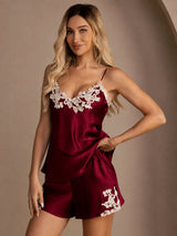 [Wine] SilkSilky-CA Spaghetti Strap V Neck Camisole Set 005