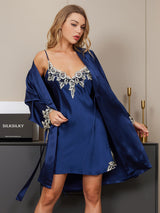 [Dark Blue] SilkSilky-CA 3/4 Sleeve V Neck Nightgown&Robe Set 004