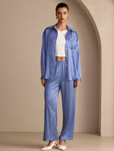 [Blue Pinstripe] SilkSilky-CA Long Sleeve Lapel Collar Women's Outfit Sets 007