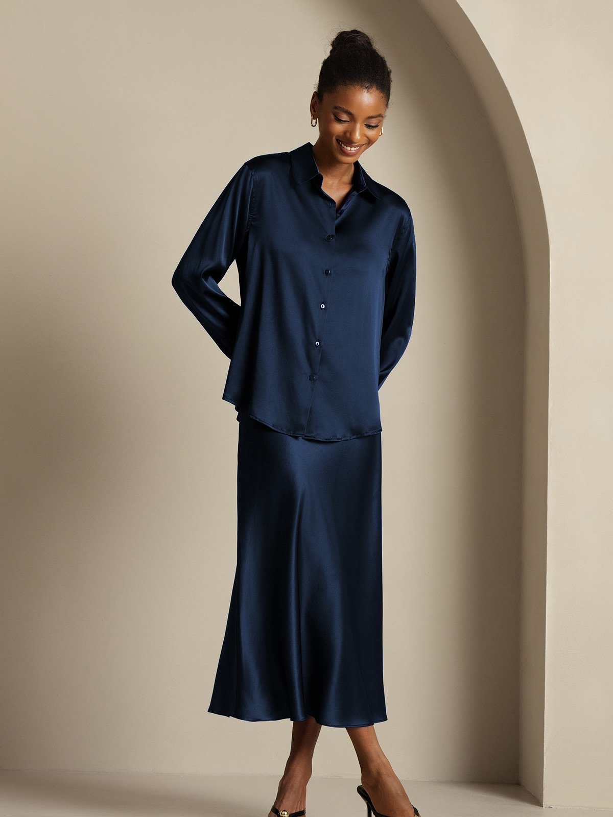 [Dark Blue] SilkSilky-CA 19Momme Silk Knitted Lapel Collar Women''s Outfit Sets 004,