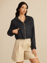 [Black] SilkSilky-CA 18Momme Silk Satin Surah Long Sleeve High Neck Women's Outerwear 004