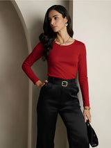 [Wine] SilkSilky-CA Silk Jersey Long Sleeve Round Neck Women's T-Shirt 001