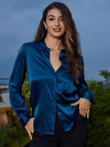 [Teal] SilkSilky-CA Long Sleeve Lapel Collar Women's Shirt 004