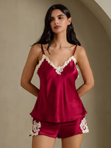 [Wine] SilkSilky-CA Spaghetti Strap V Neck Camisole Set 001