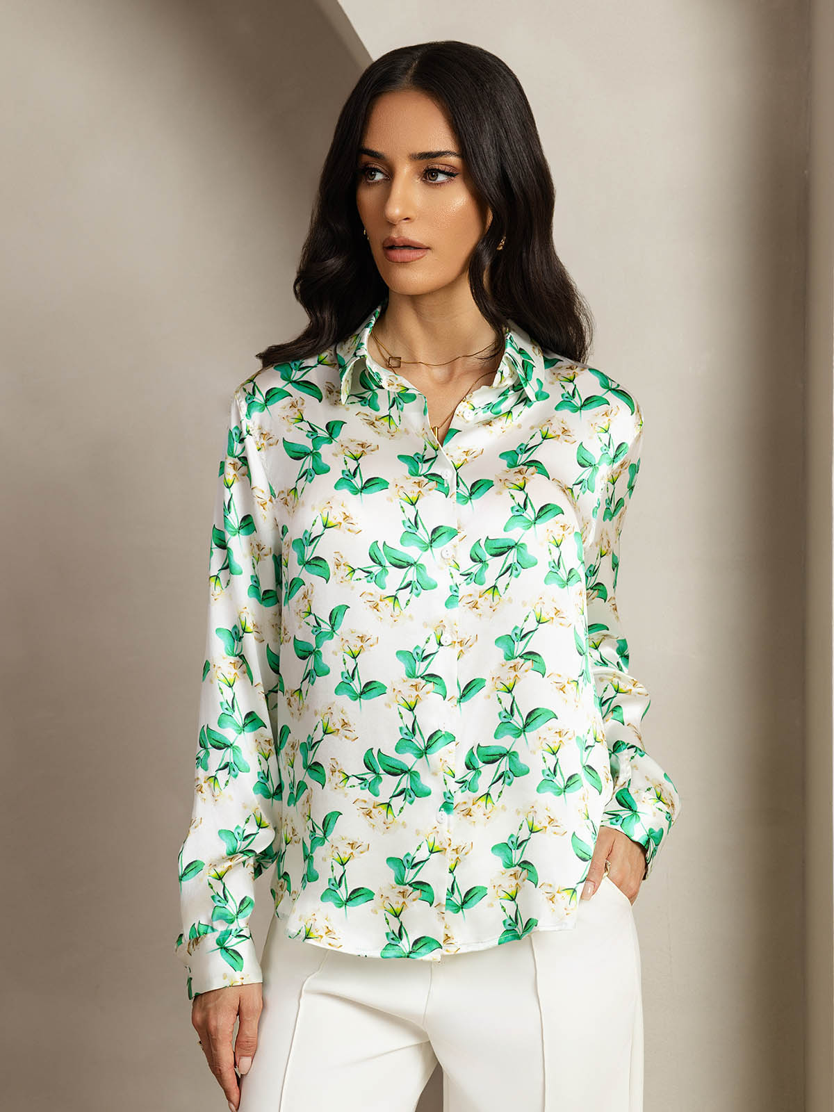 [Green Floral] SilkSilky-CA Silk Long Sleeve Lapel Collar Women's Shirt 007
