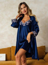 [Dark Blue] SilkSilky-CA 3/4 Sleeve V Neck Nightgown&Robe Set 001