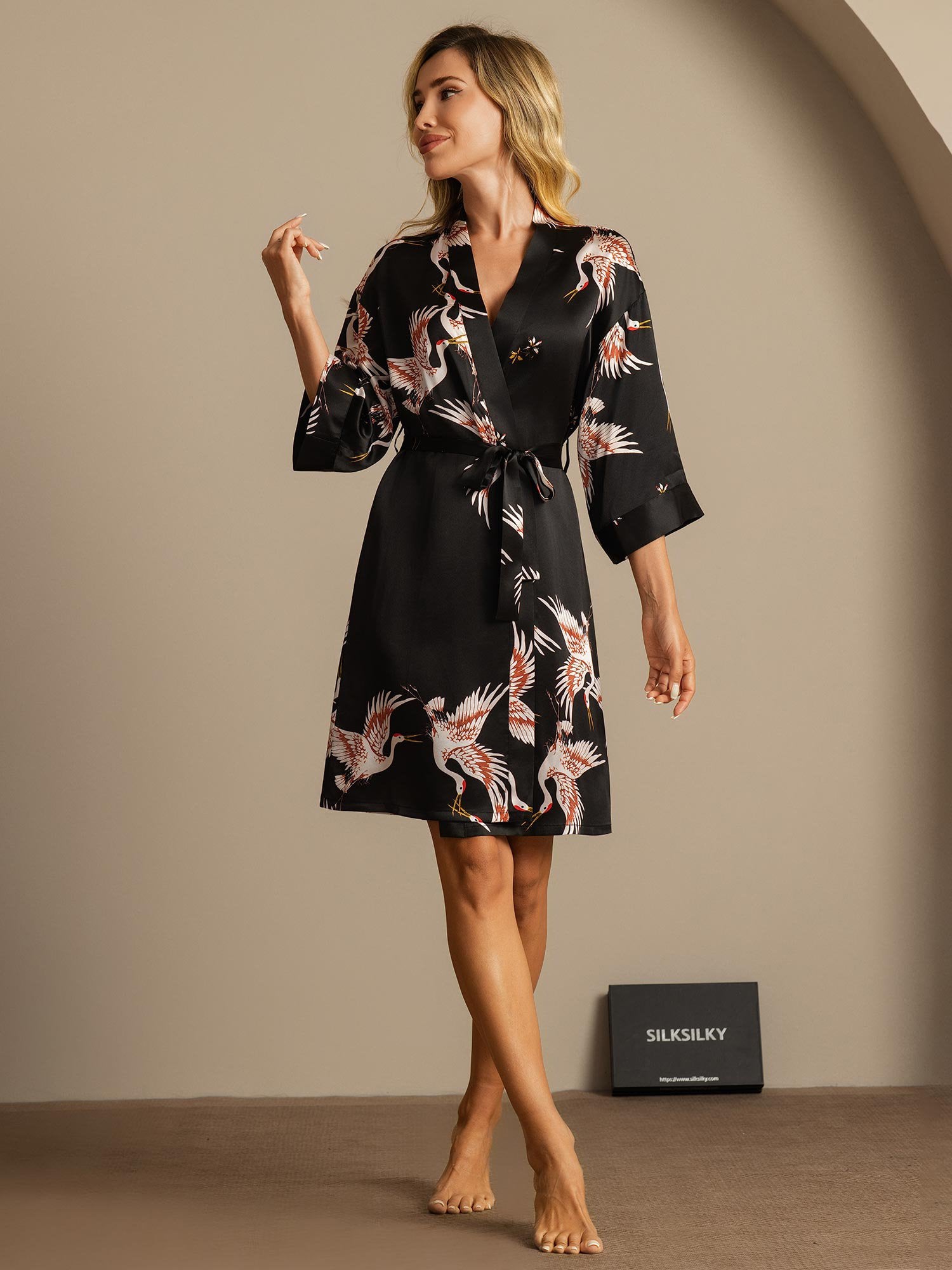 [Black] SilkSilky-CA 19Momme Pure Silk Wrap Women's Robe 005