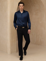 [Dark Blue] SilkSilky-CA 19Momme Stretch Silk Charmeuse Long Sleeve Lapel Collar Men's Shirt 007