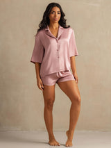[Peach Skin] SilkSilky-CA 19Momme Machine-Washable Silk Half Sleeve Notch Collar Women's Pajamas 007
