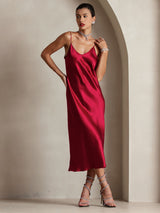 [Wine] SilkSilky-CA Spaghetti Strap V Neck Dress 003