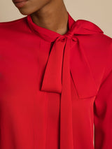 [Wine] SilkSilky-CA 19Momme Stretch Silk Charmeuse Long Sleeve Tie Neck Blouse 004