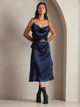 [Dark Blue] SilkSilky-CA Spaghetti Strap Cowl Neck Camisole 006