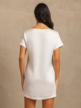 [White] SilkSilky-CA 19Momme Machine-Washable Silk Short Sleeve Round Neck Nightgown 002