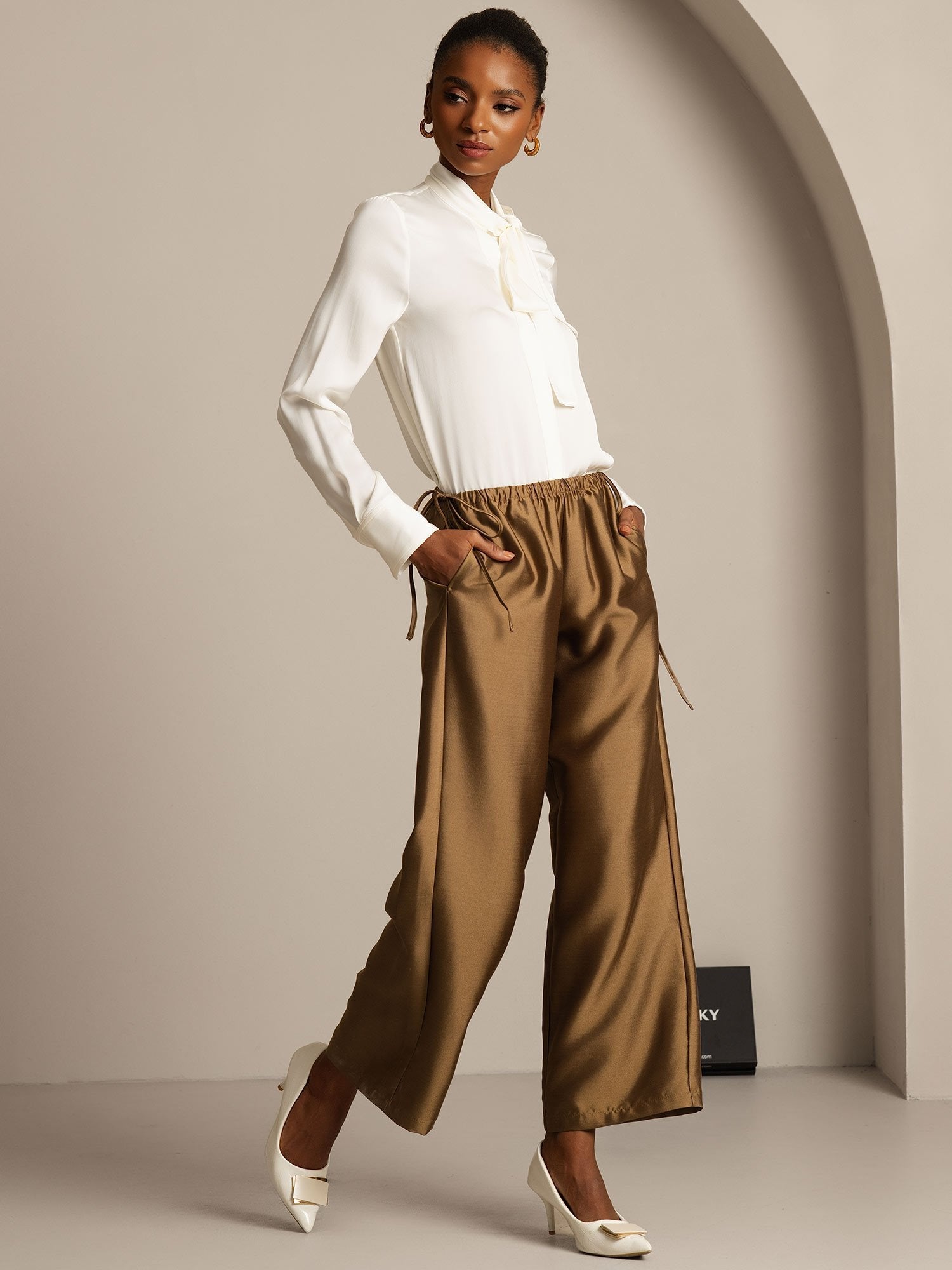 [Bronze] SilkSilky-CA 32Momme Silk-Wool Blend Womens Pants 005,