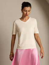 [Beige] SilkSilky-CA 100% High-Twist Silk Jersey Short Sleeve V Neck Women's T-Shirt 005