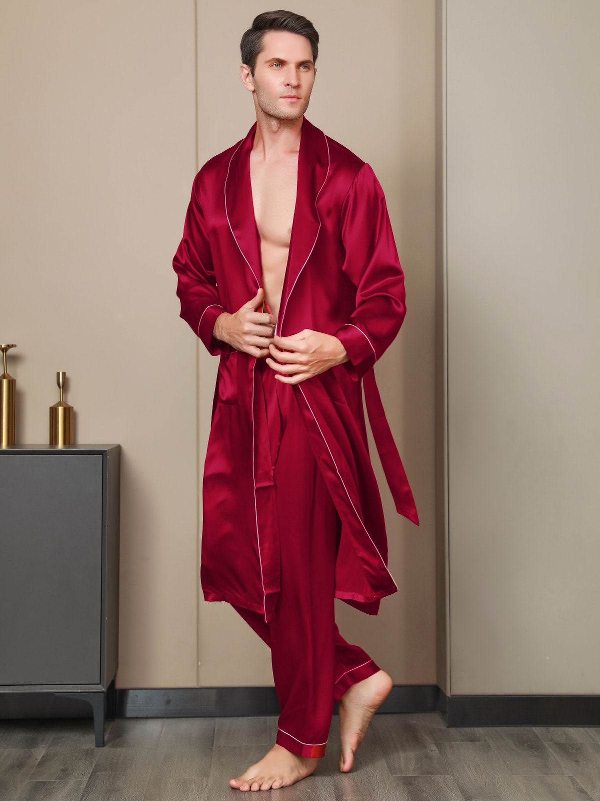 SilkSilky CA Pure Silk Long Sleeve Lapel Men's Robe Wine 001