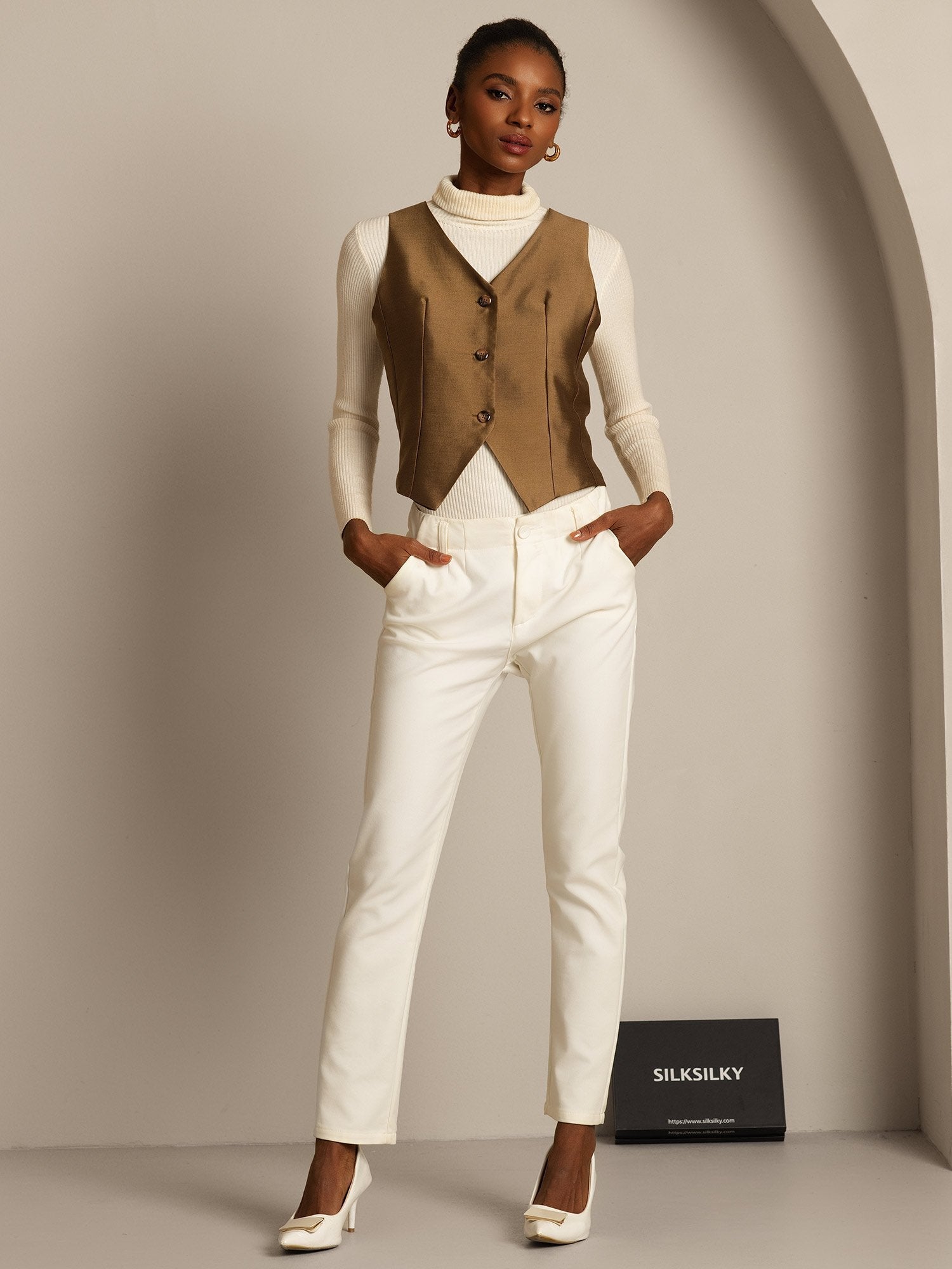 [Bronze] SilkSilky-CA 32Momme Silk-Wool Blend V Neck Women's Vest 007,