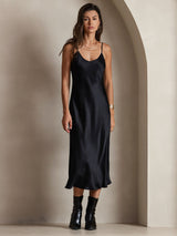 [Black] SilkSilky-CA Spaghetti Strap V Neck Dress 001