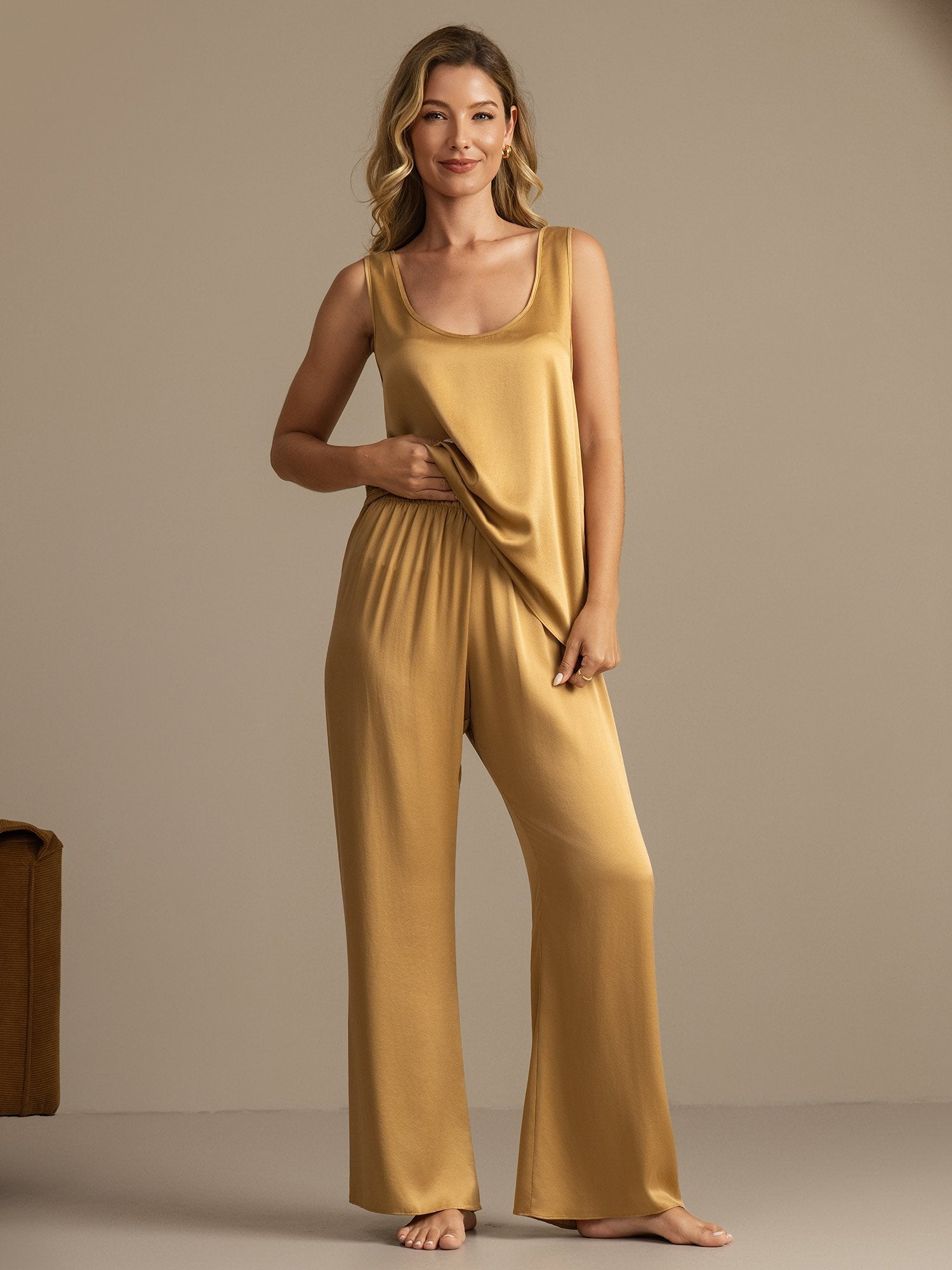 [Tan] SilkSilky-CA 19Momme Machine-Washable Silk Womens Pajamas 003