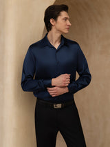 [Dark Blue] SilkSilky-CA 19Momme Stretch Silk Charmeuse Long Sleeve Lapel Collar Men's Shirt 004
