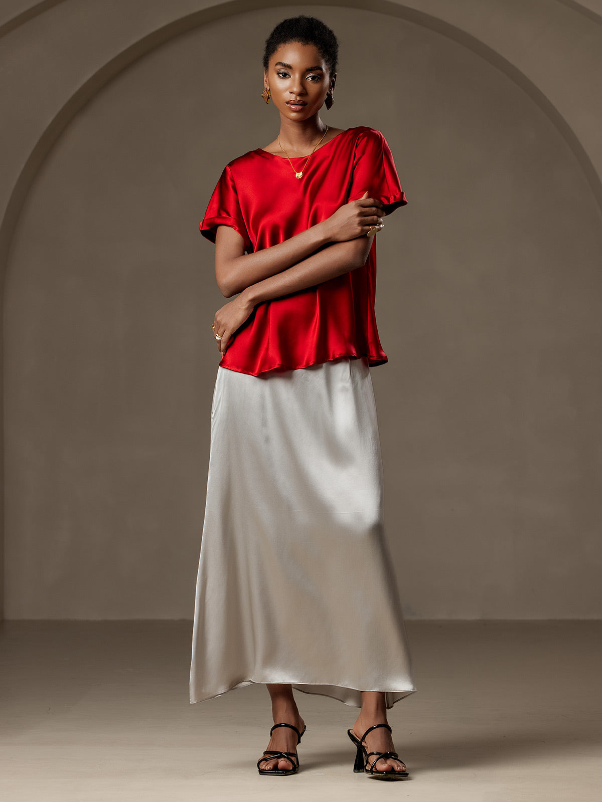 [Wine] SilkSilky-CA 19Momme Silk Round Neck Women's T-Shirt 007
