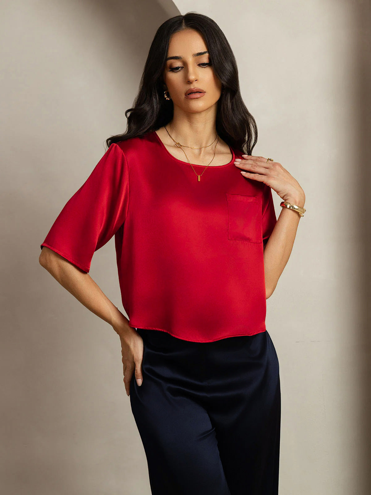 [Dark Red] SilkSilky-CA Pure Silk Boat Neck Women's T-Shirt 005