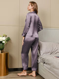 SilkSilky-CA Pure Silk Long Sleeve Lapel Women's Pajamas PurpleGray 002