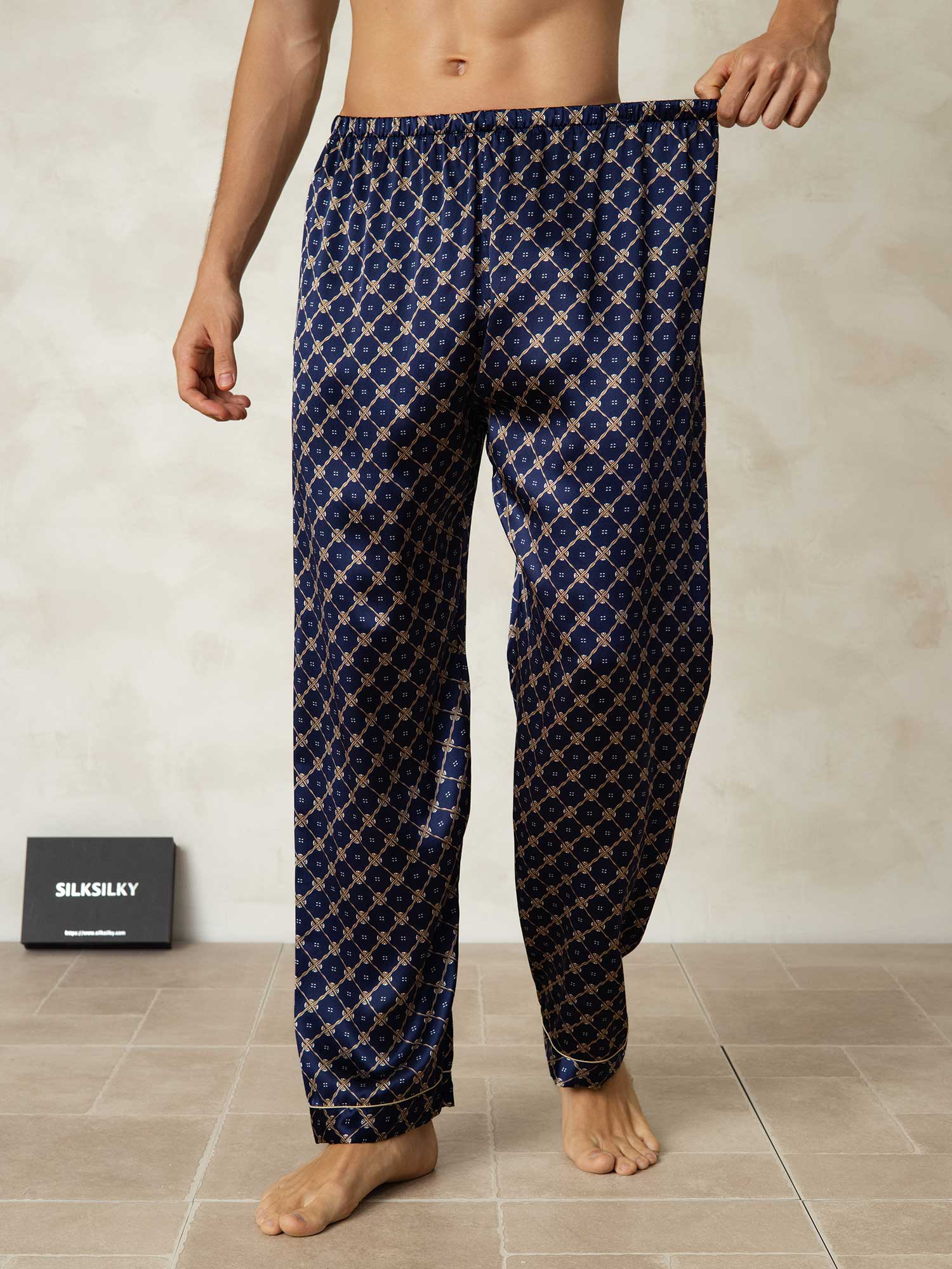 [Navy Chain] SilkSilky-CA Pure Silk Mens Sleep Bottoms 003