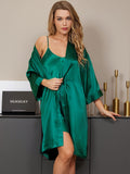 SilkSilky CA Pure Silk 3/4 Sleeve Nightgown&Robe Set Green 001